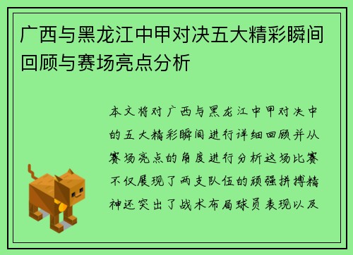 广西与黑龙江中甲对决五大精彩瞬间回顾与赛场亮点分析